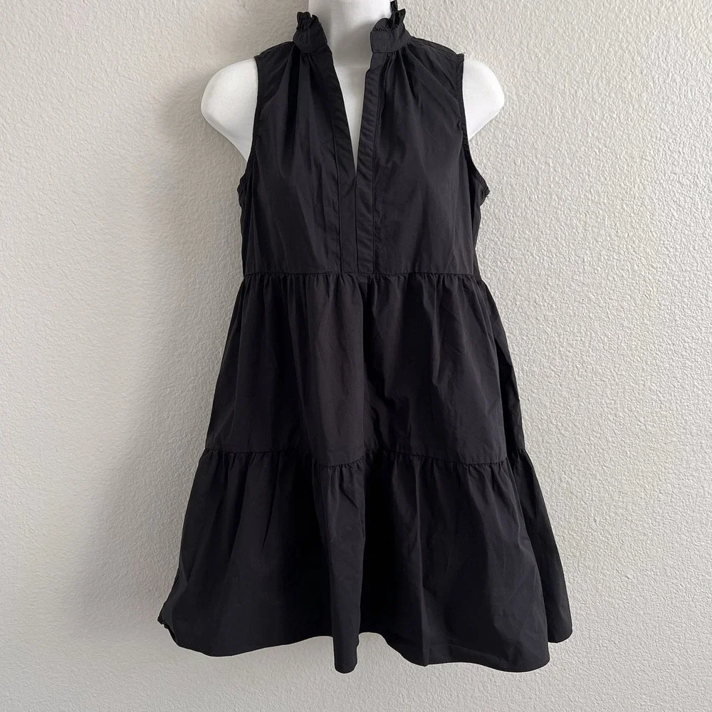 Small Black Tiered Mini Dress Lightweight Ruffle Neck Babydoll Swing Olivaceous